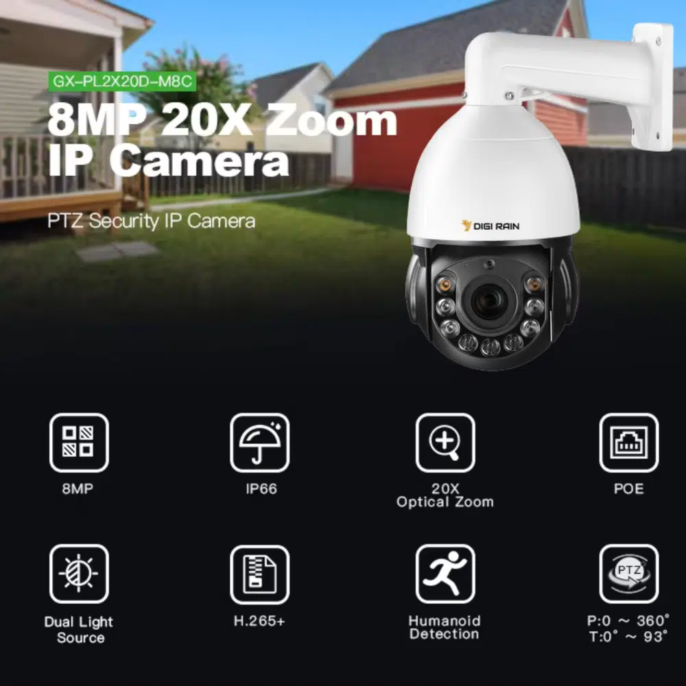 4K 8MP PTZ Dome Camera – 20X Optical Zoom, 360° Rotation, Two-Way Audio, Night Vision, IP66 Waterproof - Image 5