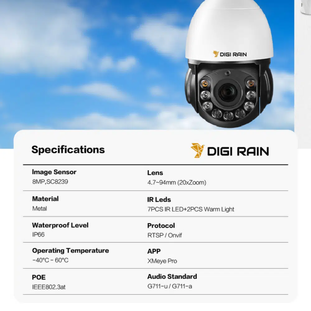 4K 8MP PTZ Dome Camera – 20X Optical Zoom, 360° Rotation, Two-Way Audio, Night Vision, IP66 Waterproof - Image 4